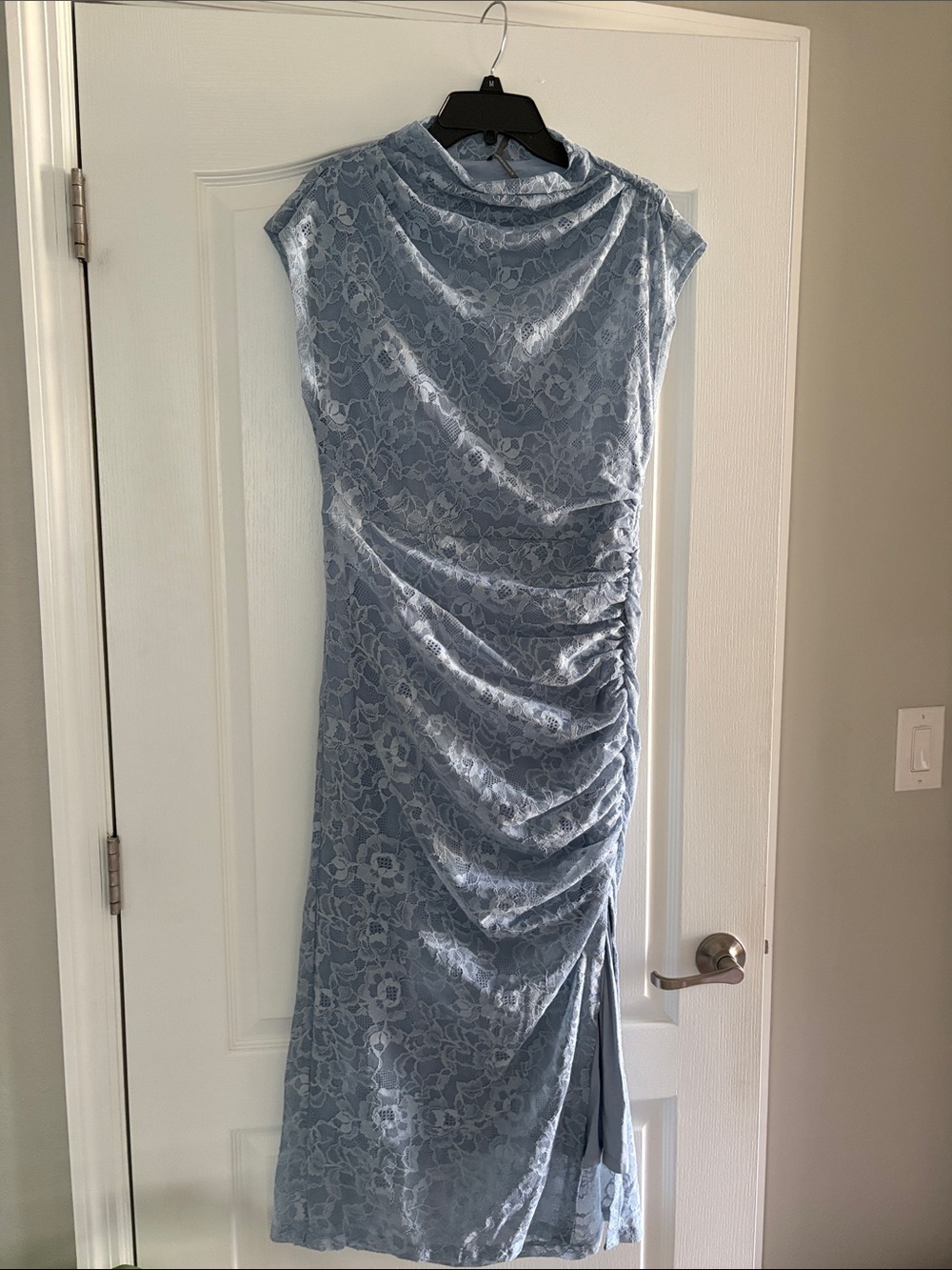 Anthropologie Light Blue Lace Ruched Midi Dress